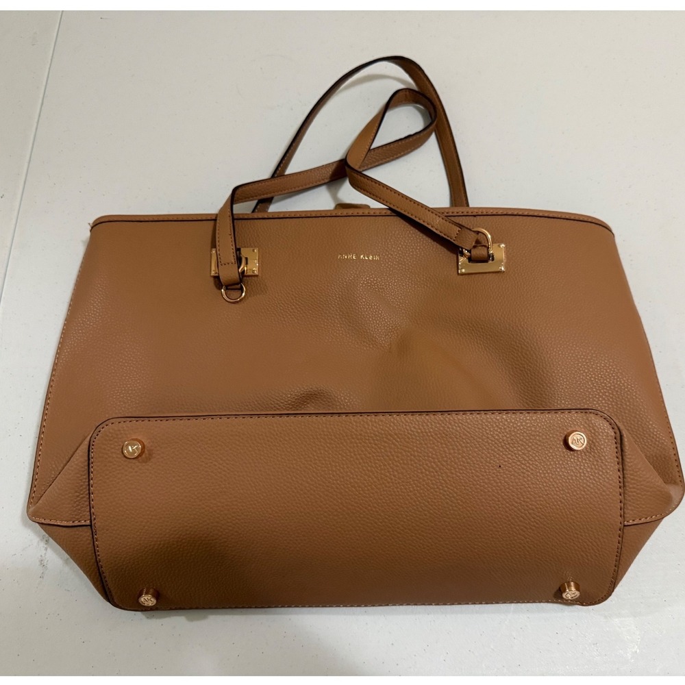Anne Klein Tan Pebbled Faux Leather Tote Bag Gold Hardware Logo Lining
